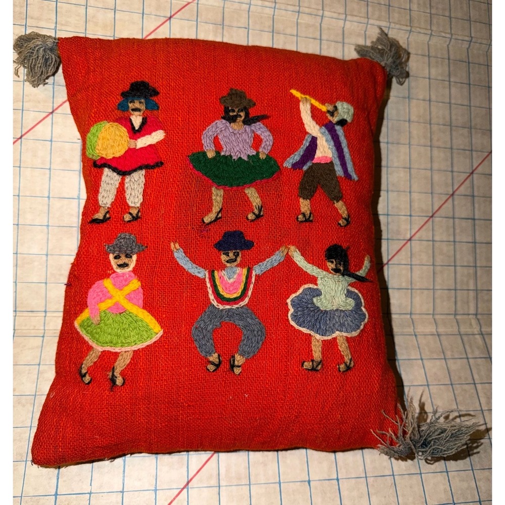 Kunturi Vintage Pillow Hand Embroidered 100% Wool Bolivian Folk Art Dancer 8x10